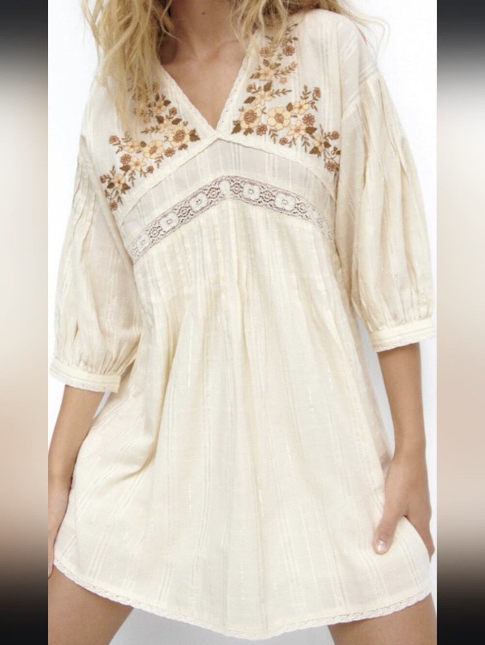 Zara Lace Embroidered Mini Dress Tunic Boho Lined Size Medium